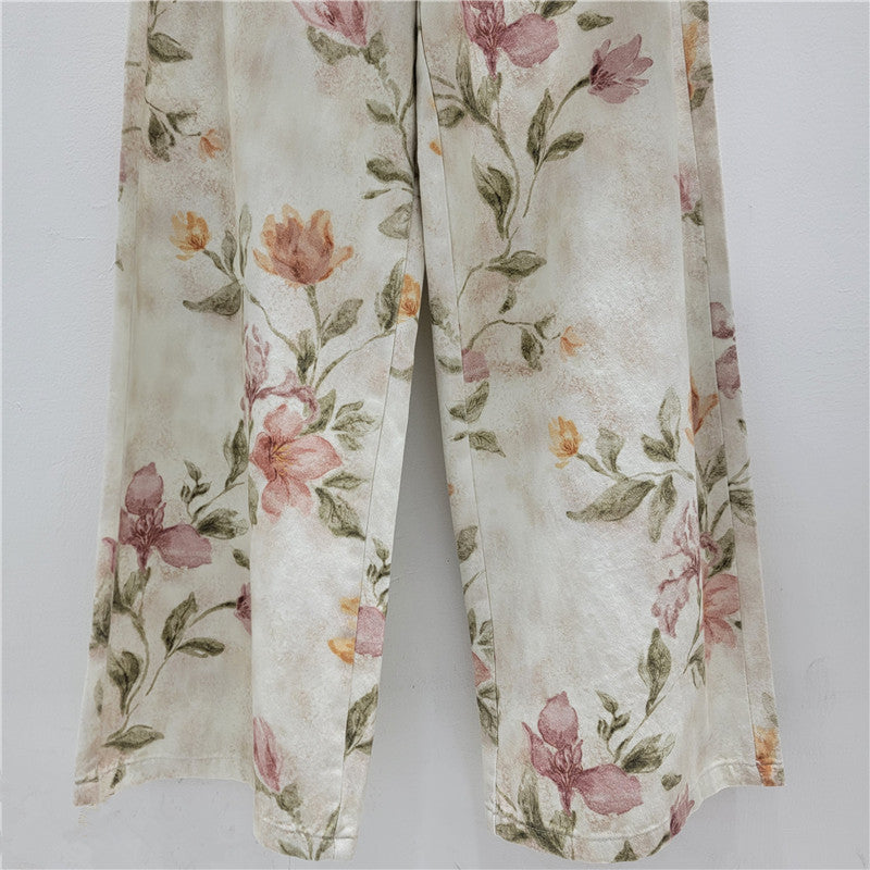 Watercolor Floral Print Wide Leg Jeans - Floral - 11