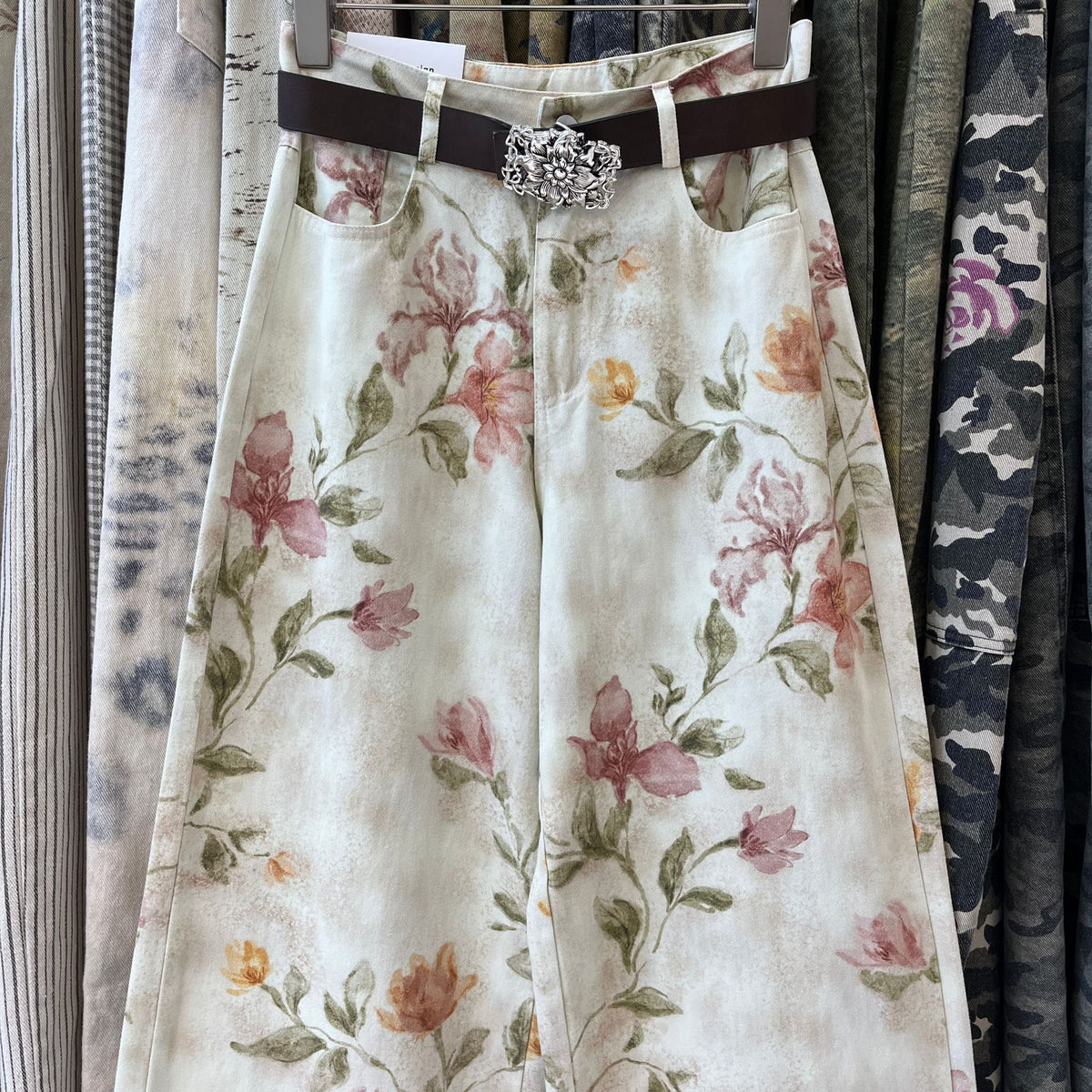 Watercolor Floral Print Wide Leg Jeans - Floral - 2