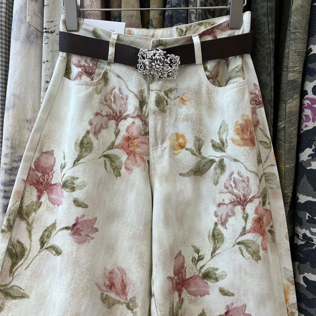 Watercolor Floral Print Wide Leg Jeans - Floral - 3