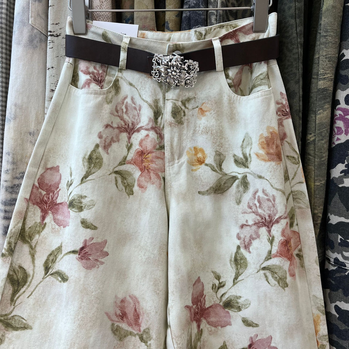 Watercolor Floral Print Wide Leg Jeans - Floral - 3