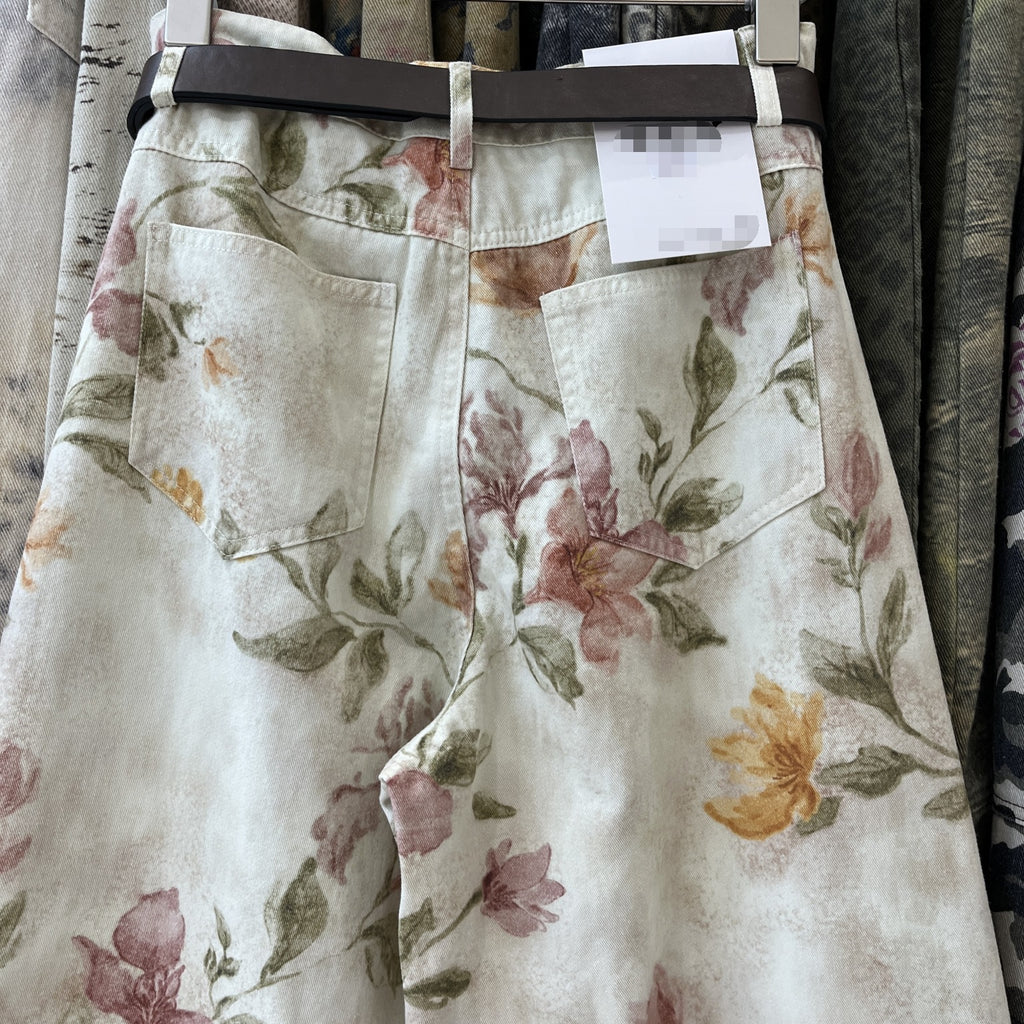 Watercolor Floral Print Wide Leg Jeans - Floral - 7
