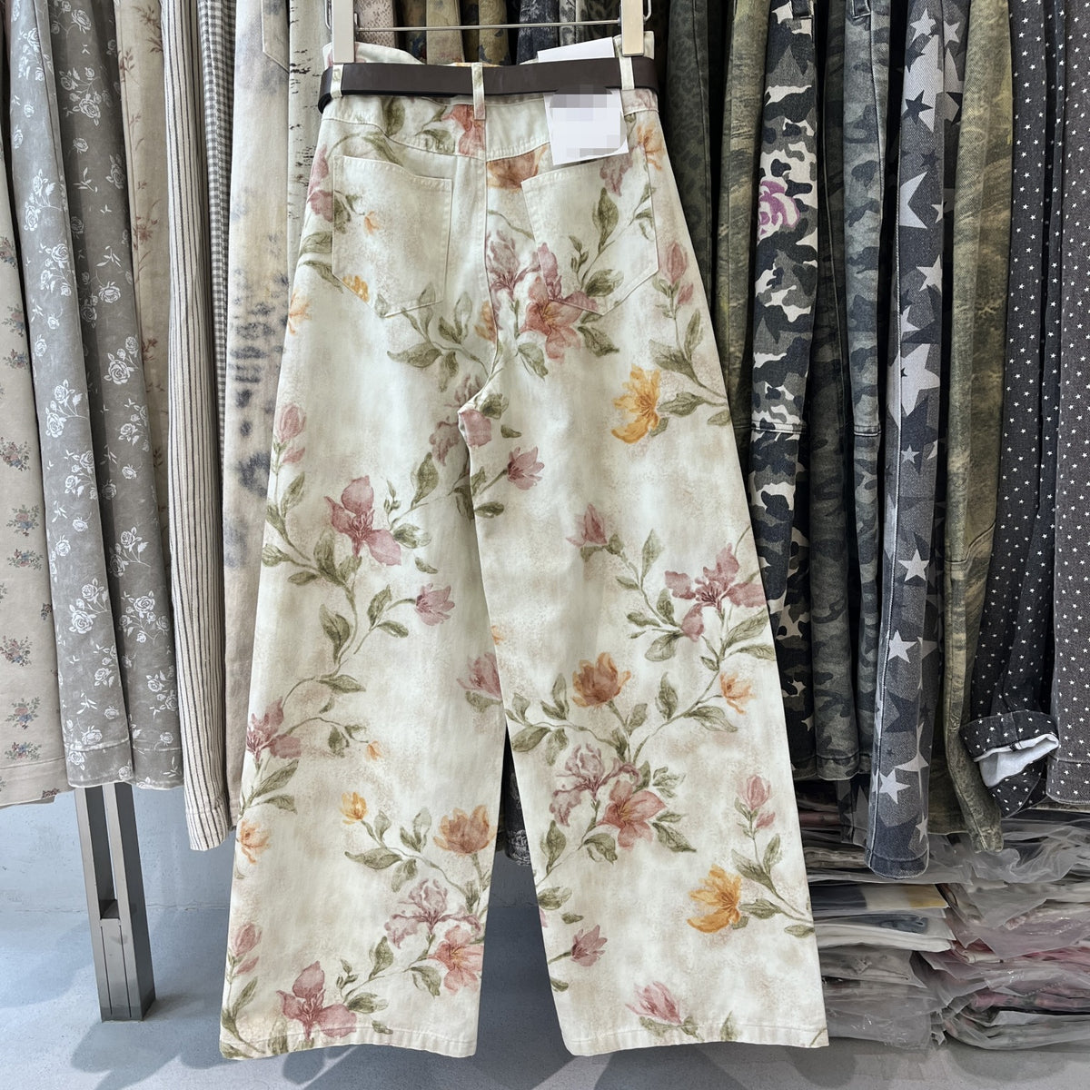 Watercolor Floral Print Wide Leg Jeans - Floral - 8