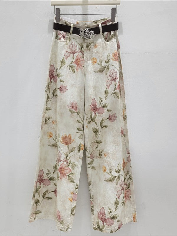 Watercolor Floral Print Wide Leg Jeans - Floral - 9