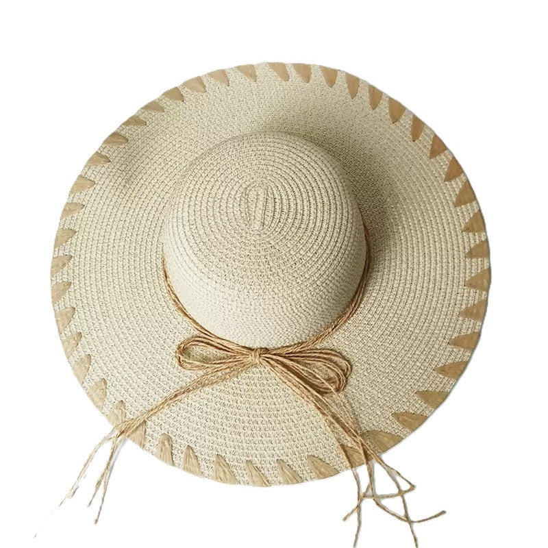 Floppy Straw Sun Hat with Whipstitch Edge & Tassel Ties - Beige