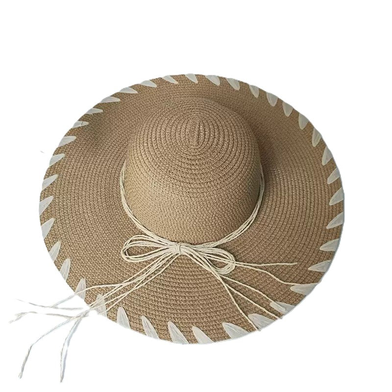Floppy Straw Sun Hat with Whipstitch Edge & Tassel Ties - Khaki