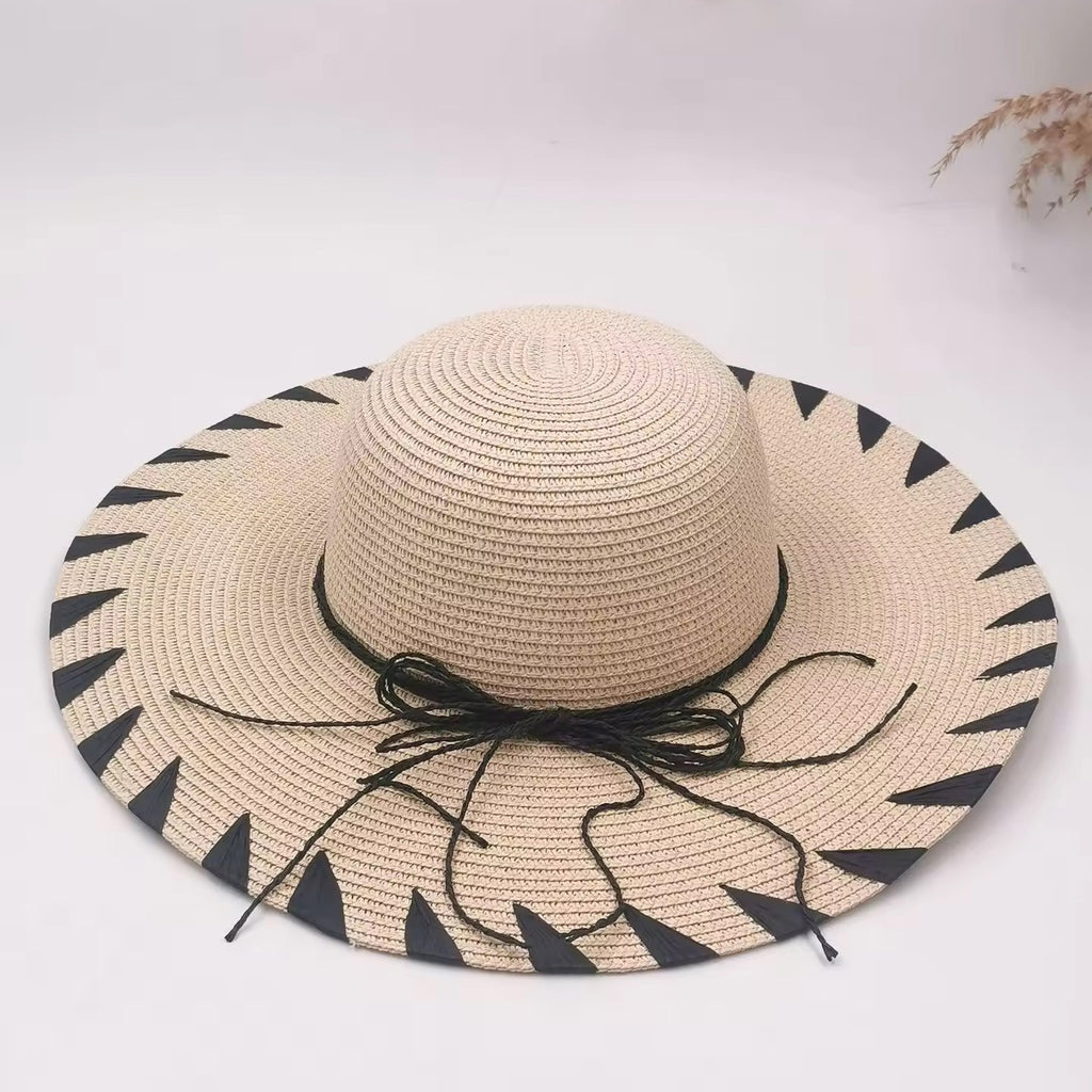 Floppy Straw Sun Hat with Whipstitch Edge & Tassel Ties - Beige Black Trim