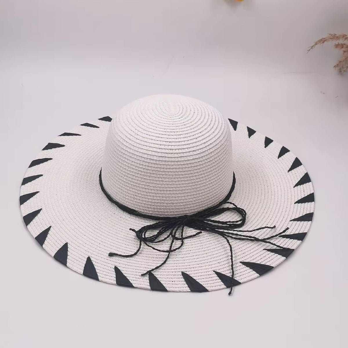 Floppy Straw Sun Hat with Whipstitch Edge & Tassel Ties - White Black Trim
