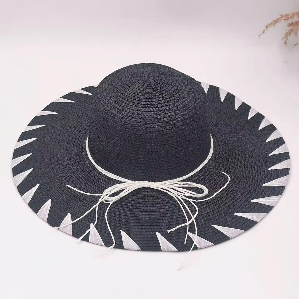 Floppy Straw Sun Hat with Whipstitch Edge & Tassel Ties - Black