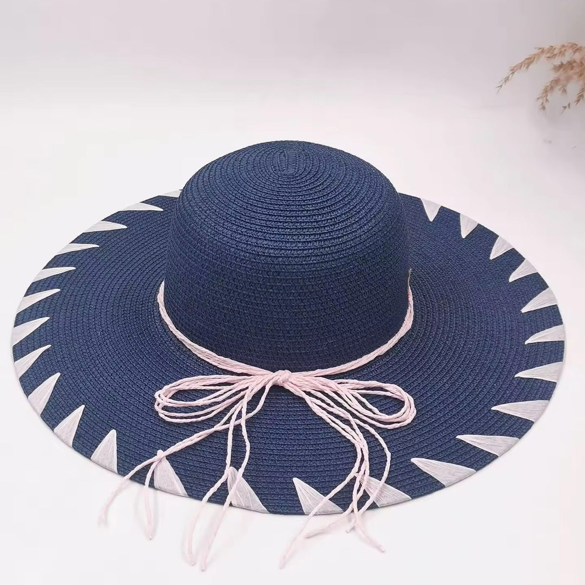 Floppy Straw Sun Hat with Whipstitch Edge & Tassel Ties - Navy