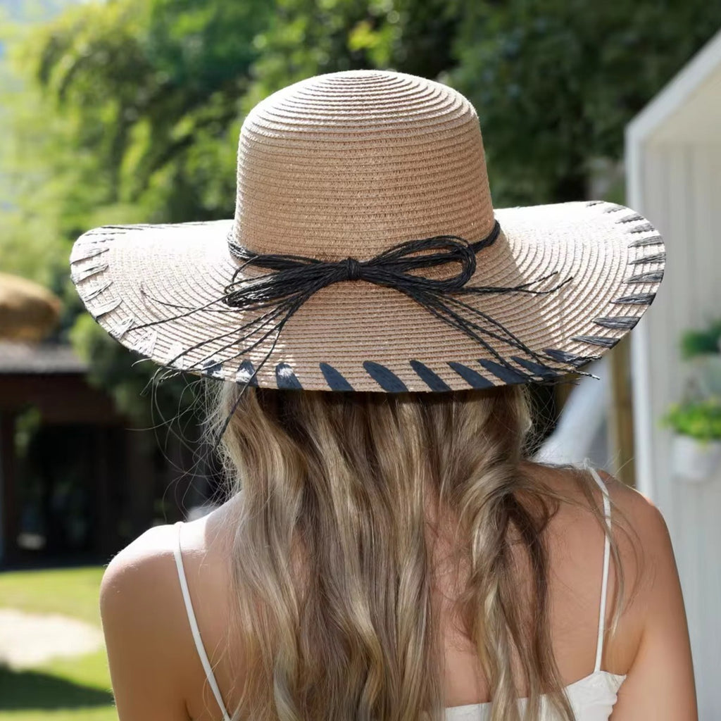 Floppy Straw Sun Hat with Whipstitch Edge & Tassel Ties - Straw Hat