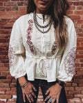 Embroidered Boho Balloon Sleeve Tie Waist Shirt - Off-White