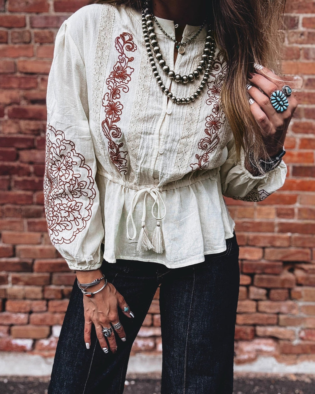 Embroidered Boho Balloon Sleeve Tie Waist Shirt - Off-White - 1