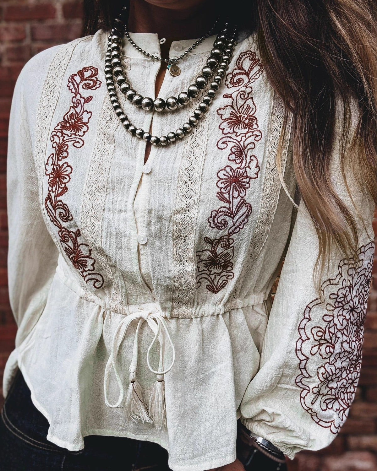 Embroidered Boho Balloon Sleeve Tie Waist Shirt - Off-White - 2