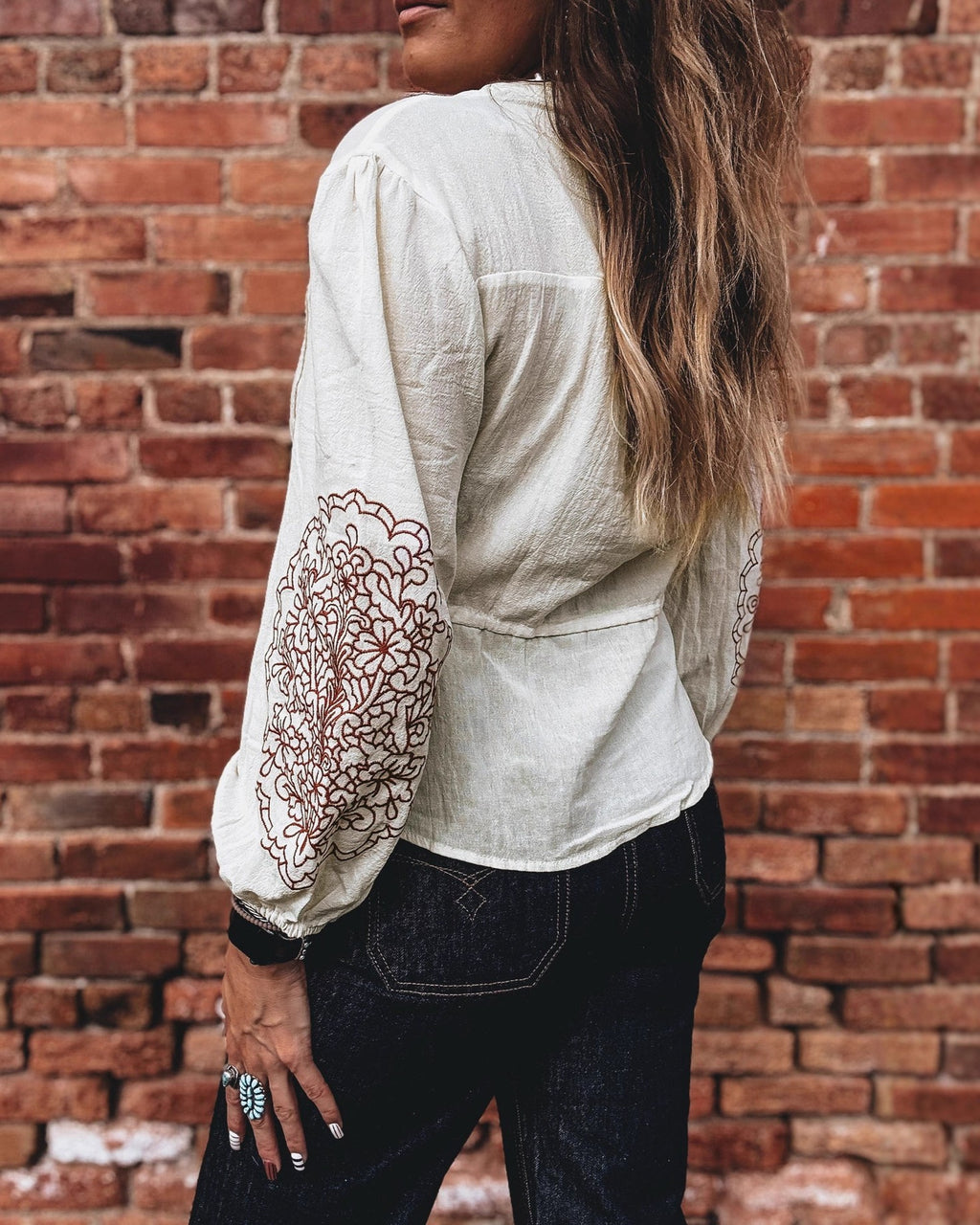Embroidered Boho Balloon Sleeve Tie Waist Shirt - Off-White - 3