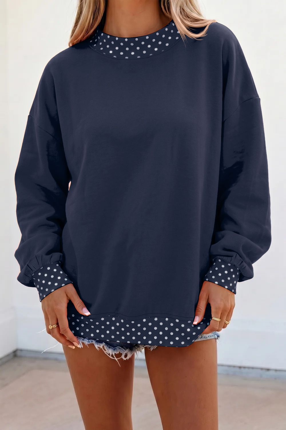 Polka Dot Trim Drop Shoulder Oversized Sweatshirt - Navy