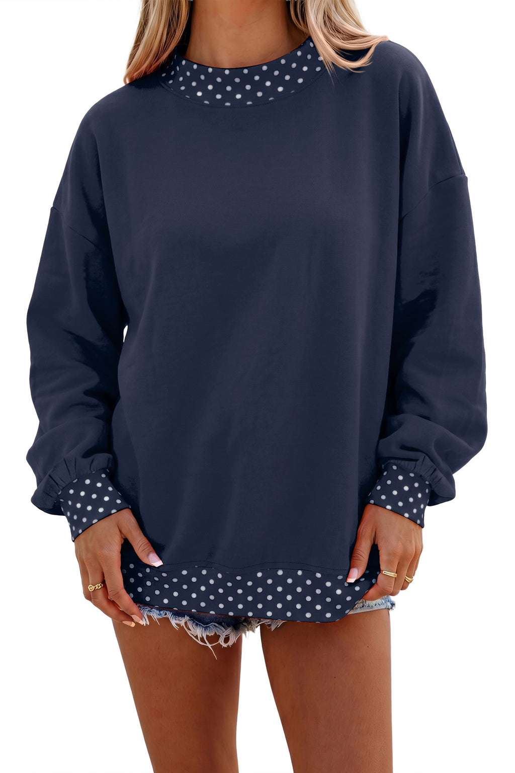 Polka Dot Trim Drop Shoulder Oversized Sweatshirt - Navy - 5