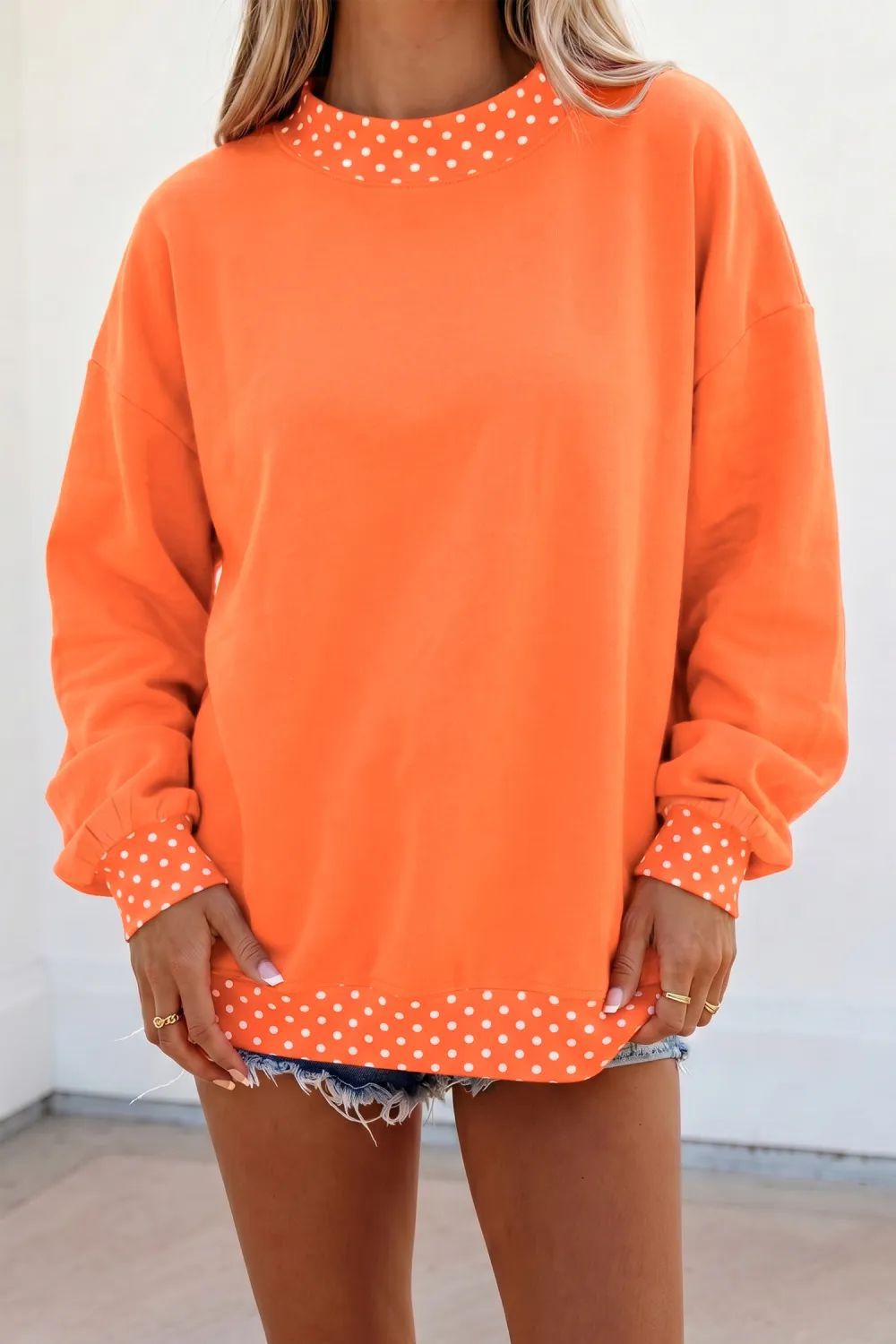Polka Dot Trim Drop Shoulder Oversized Sweatshirt - Orange