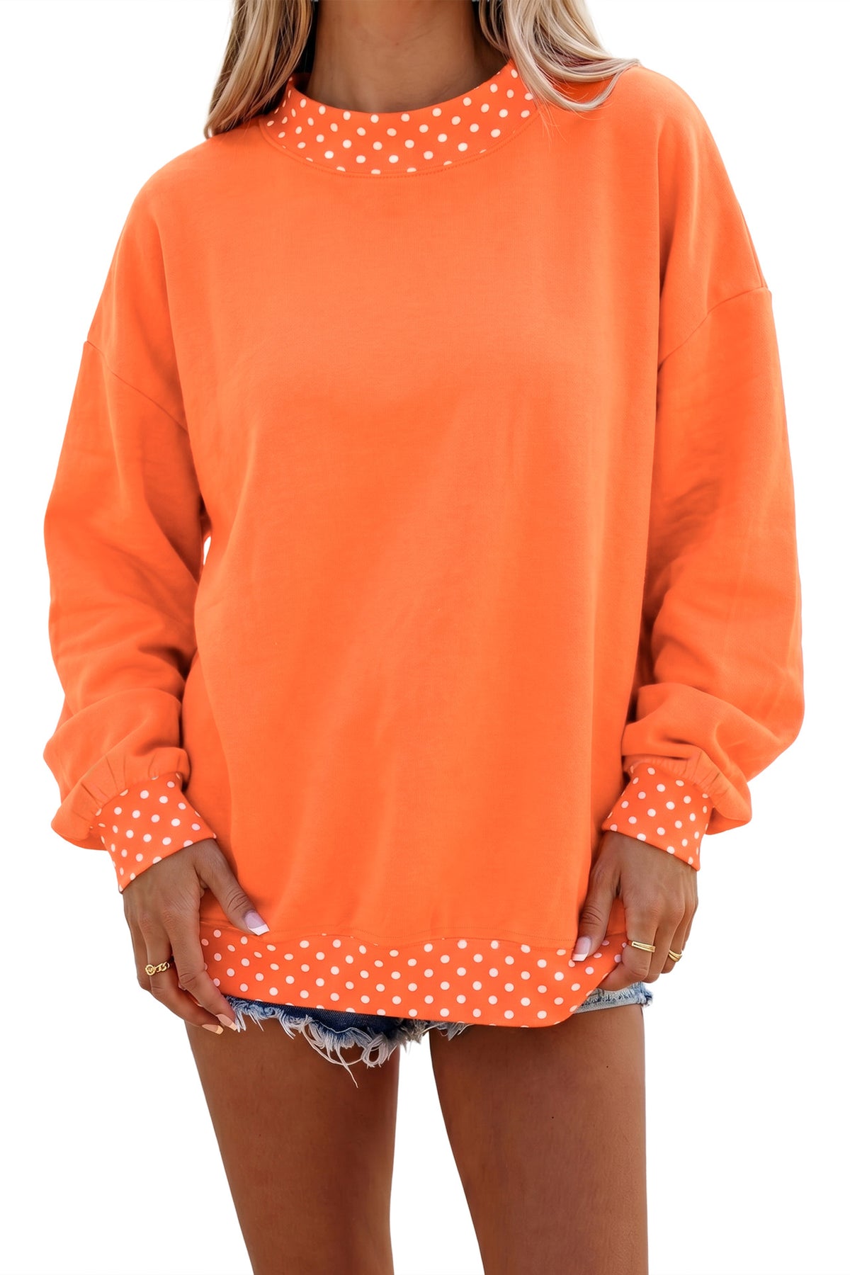 Polka Dot Trim Drop Shoulder Oversized Sweatshirt - Orange - 5