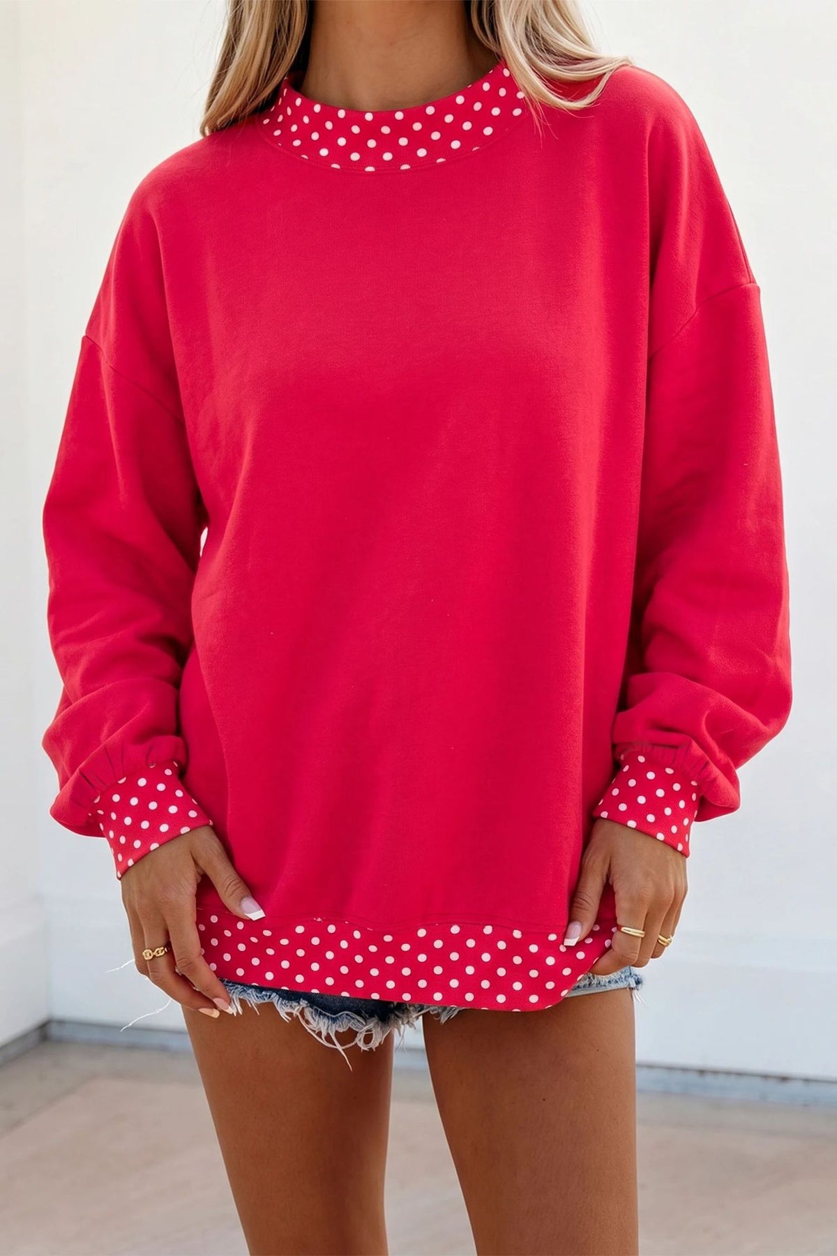 Polka Dot Trim Drop Shoulder Oversized Sweatshirt - Red