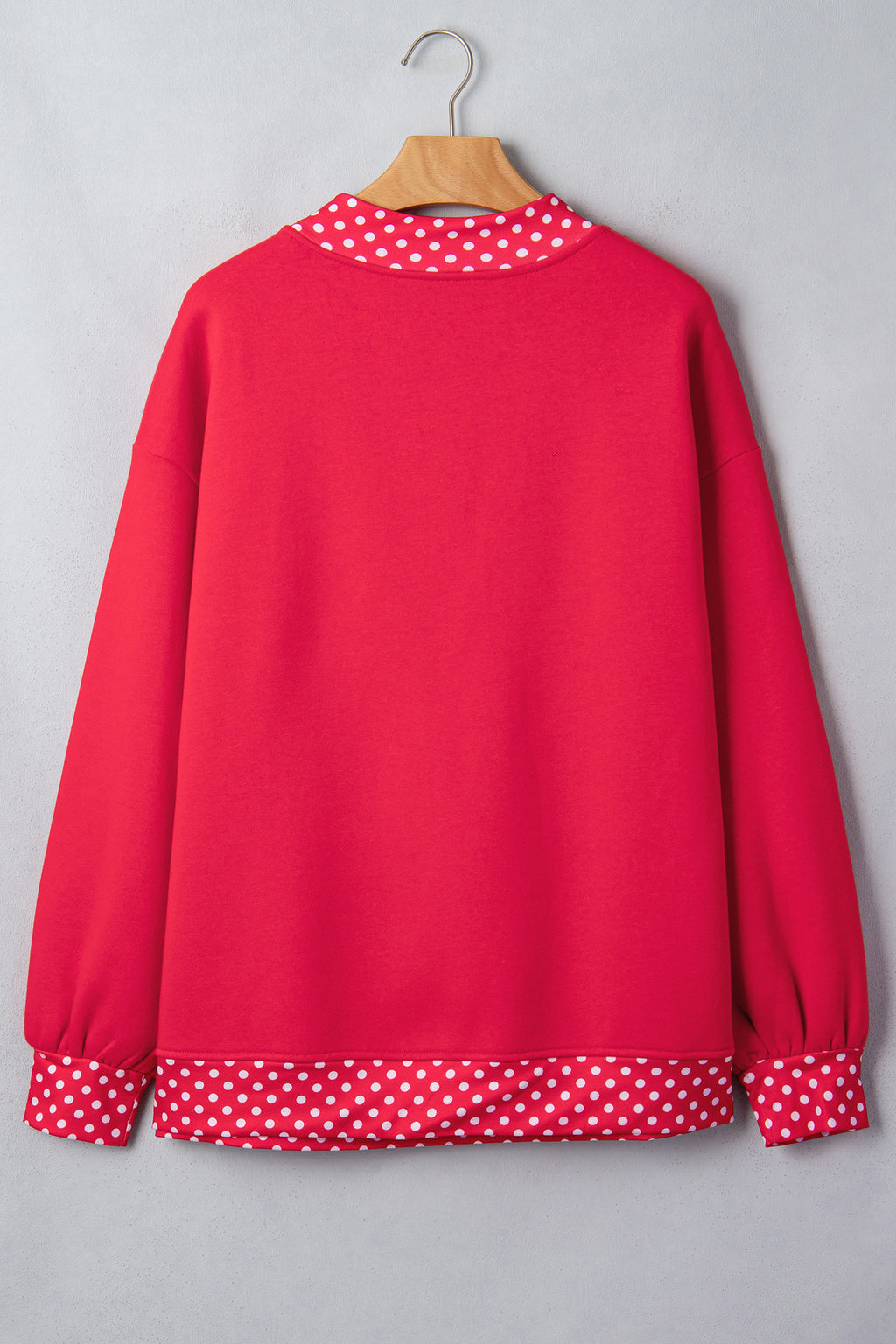 Polka Dot Trim Drop Shoulder Oversized Sweatshirt - Red - 2