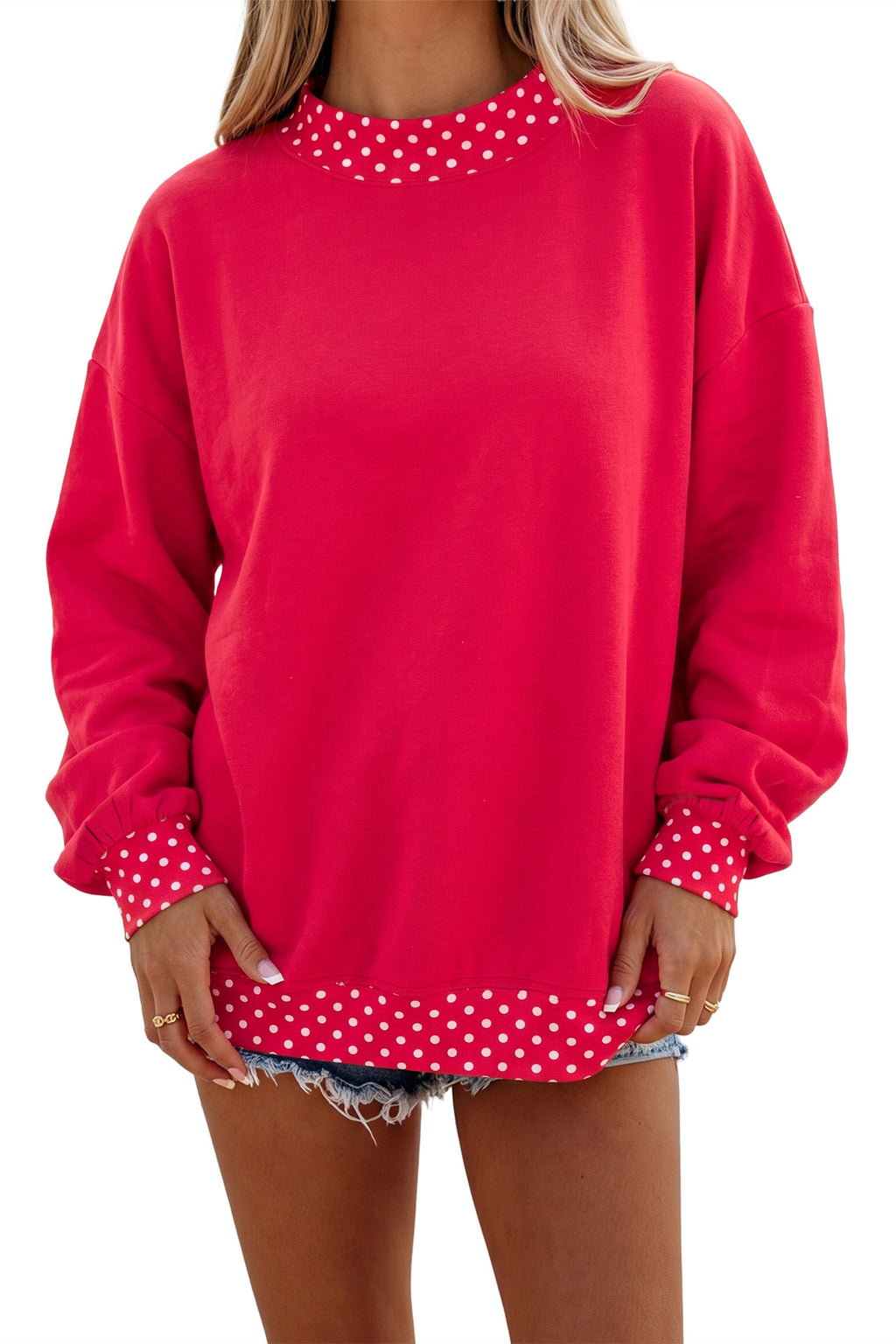 Polka Dot Trim Drop Shoulder Oversized Sweatshirt - Red - 4