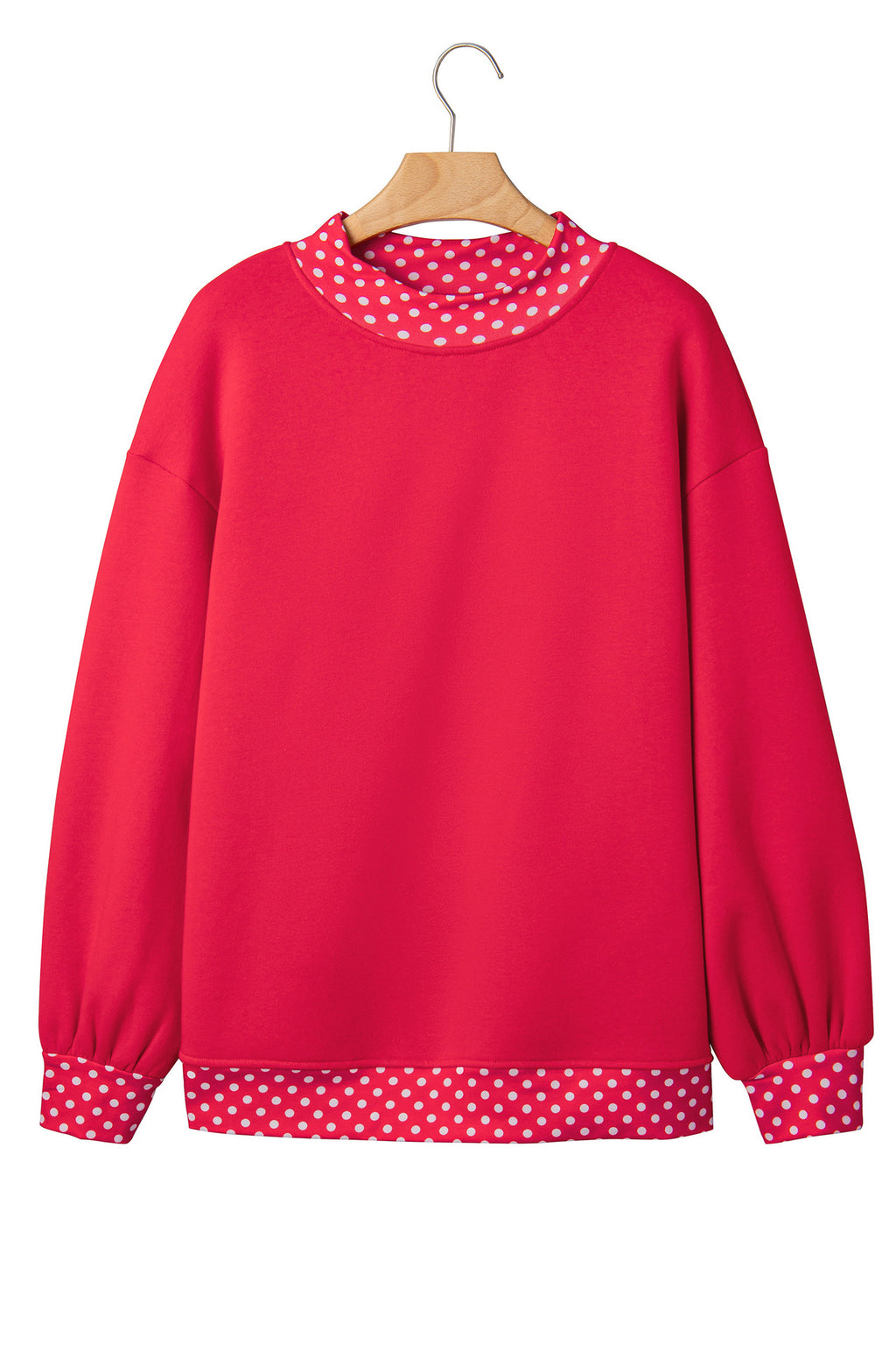 Polka Dot Trim Drop Shoulder Oversized Sweatshirt - Red - 5