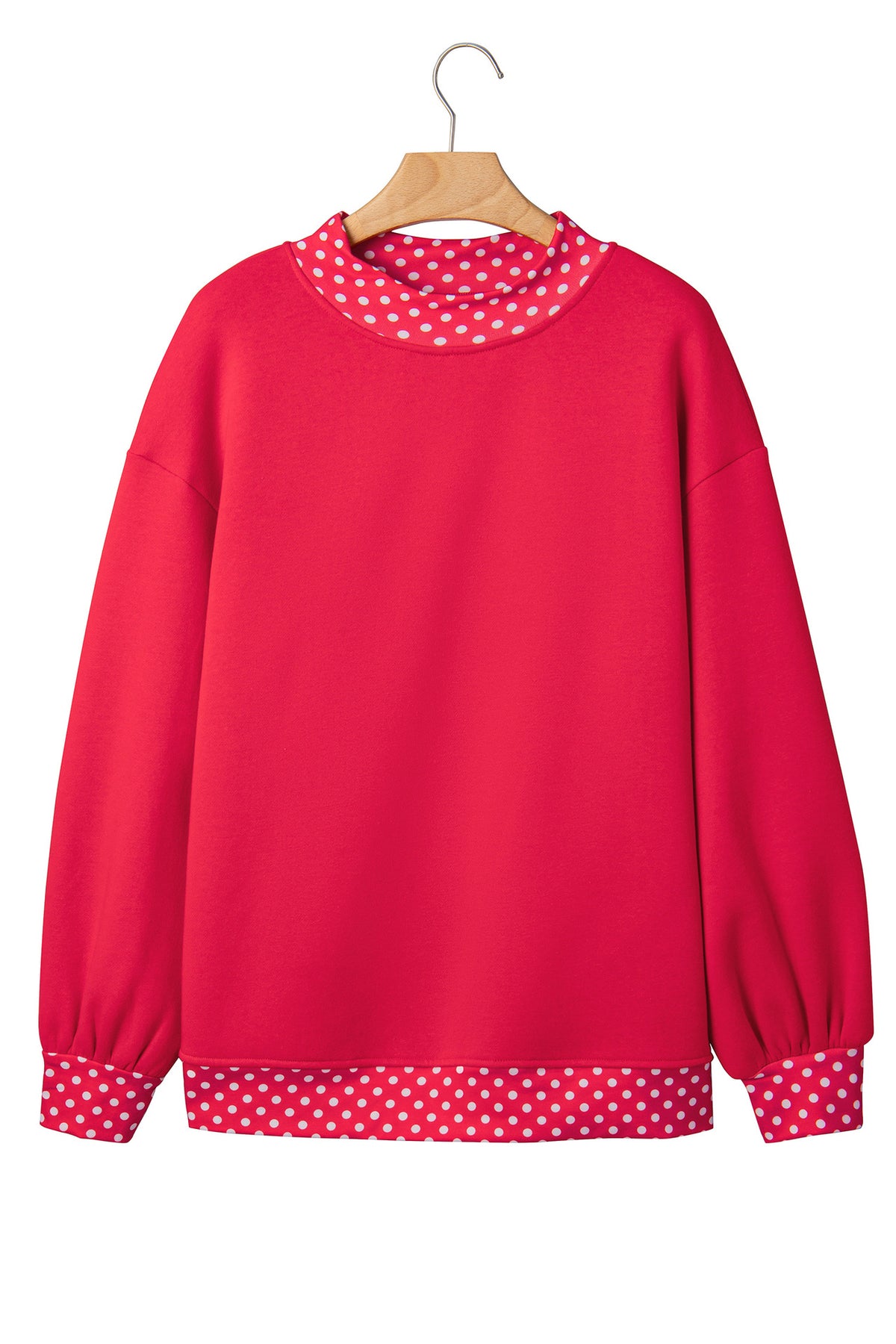 Polka Dot Trim Drop Shoulder Oversized Sweatshirt - Red - 5