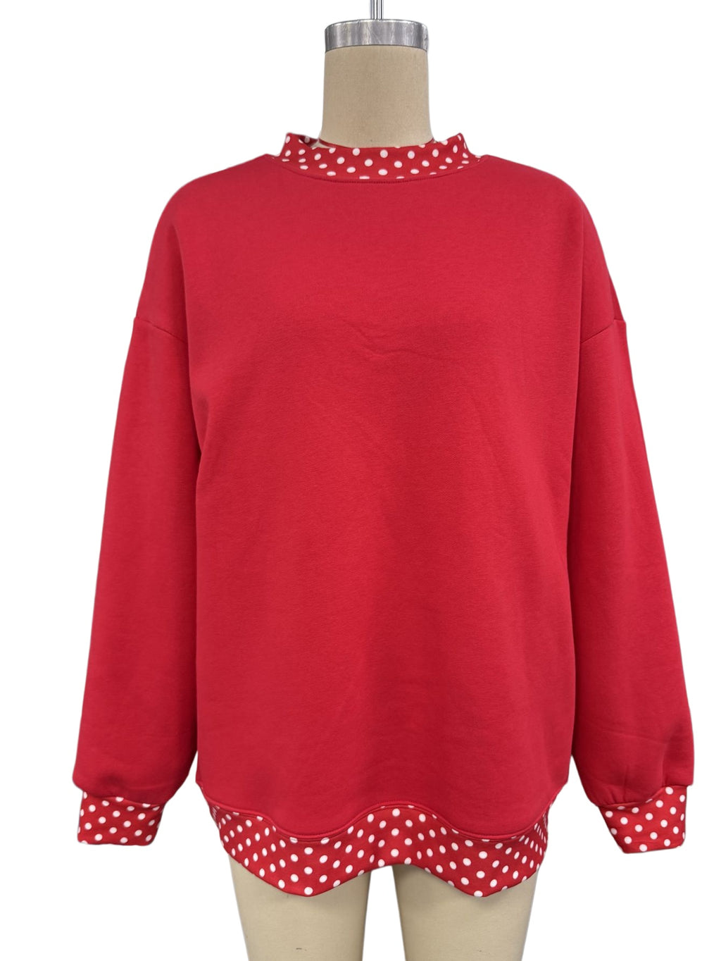 Polka Dot Trim Drop Shoulder Oversized Sweatshirt - Red - 6
