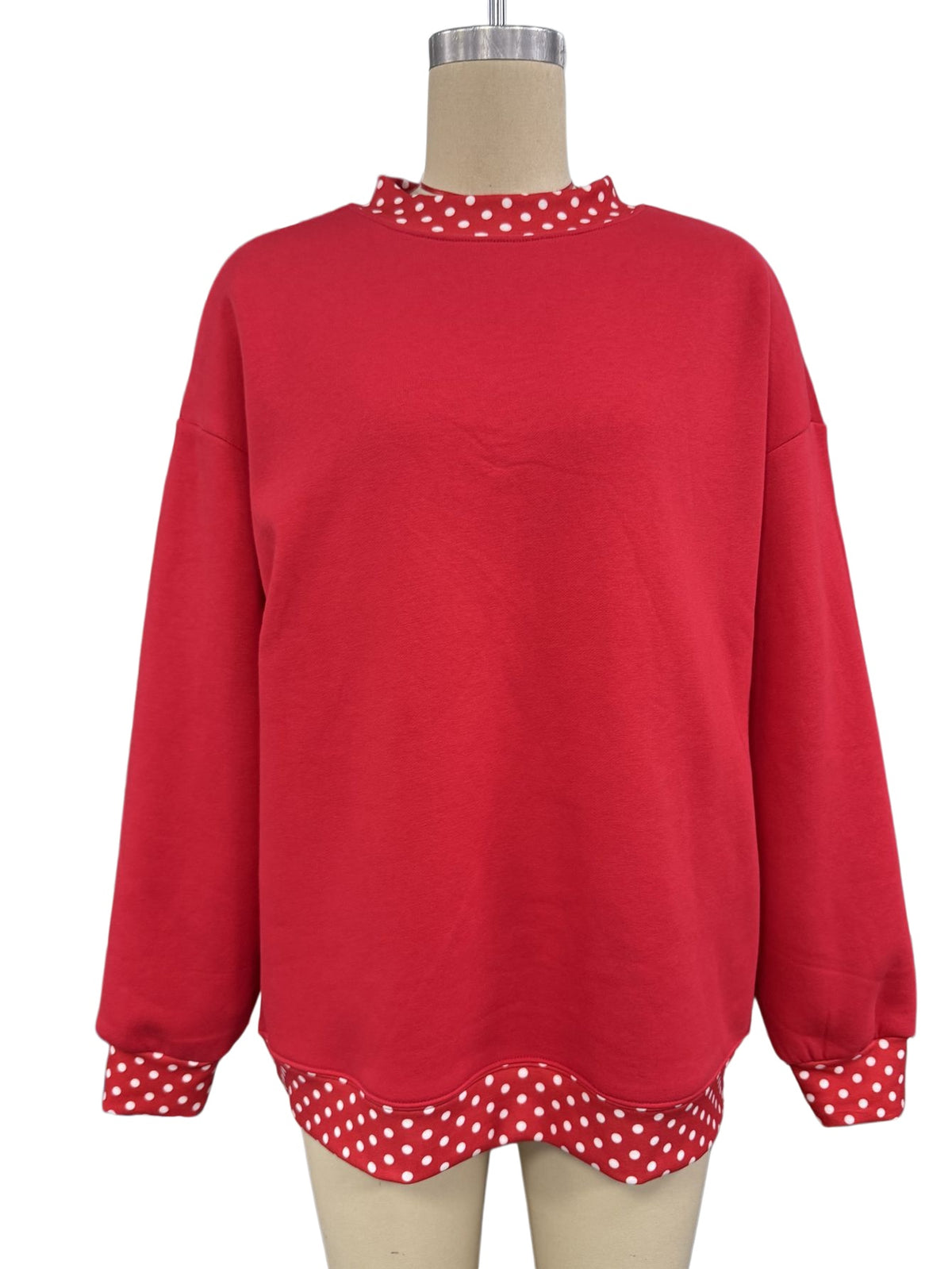 Polka Dot Trim Drop Shoulder Oversized Sweatshirt - Red - 6
