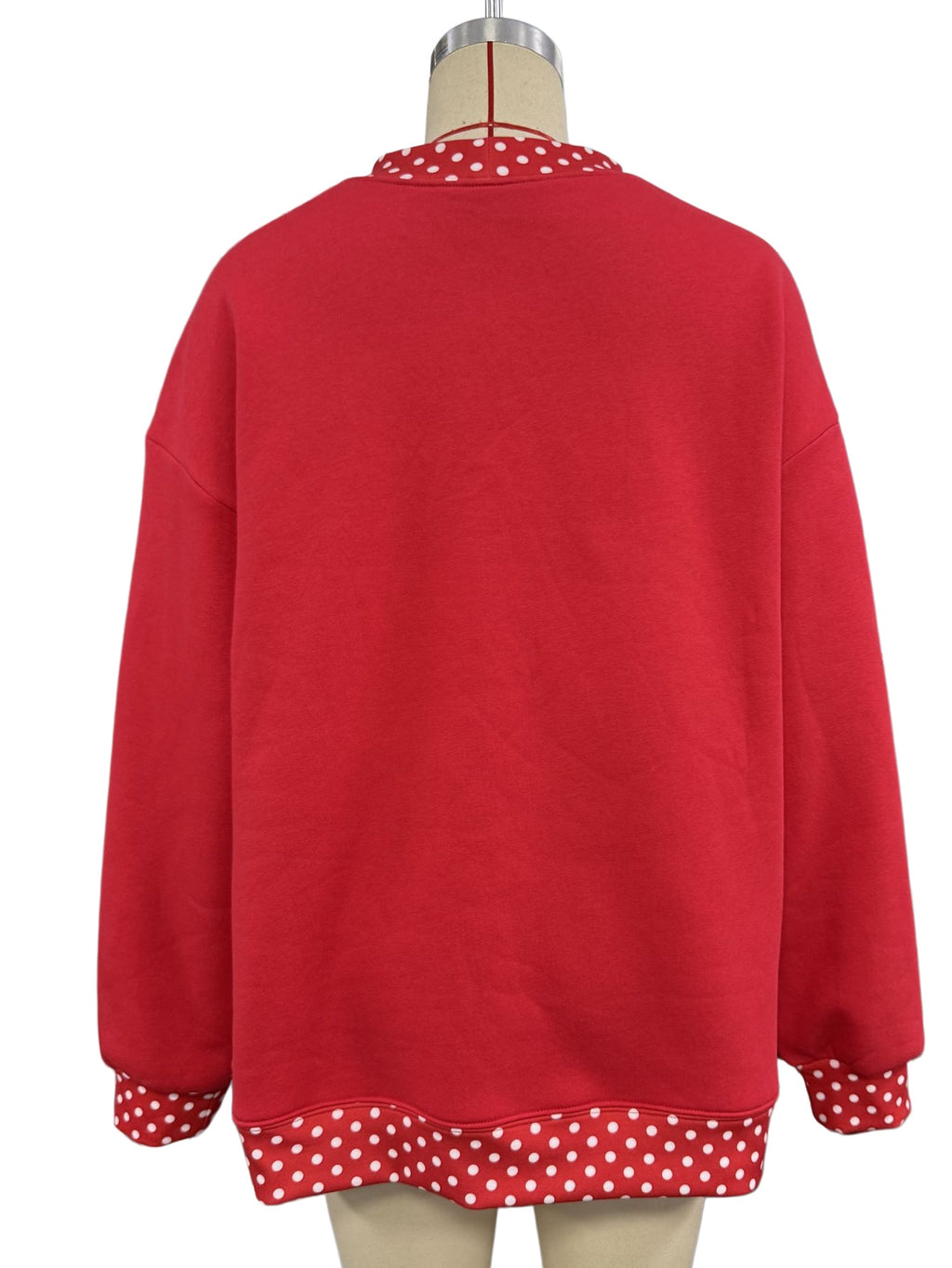 Polka Dot Trim Drop Shoulder Oversized Sweatshirt - Red - 7