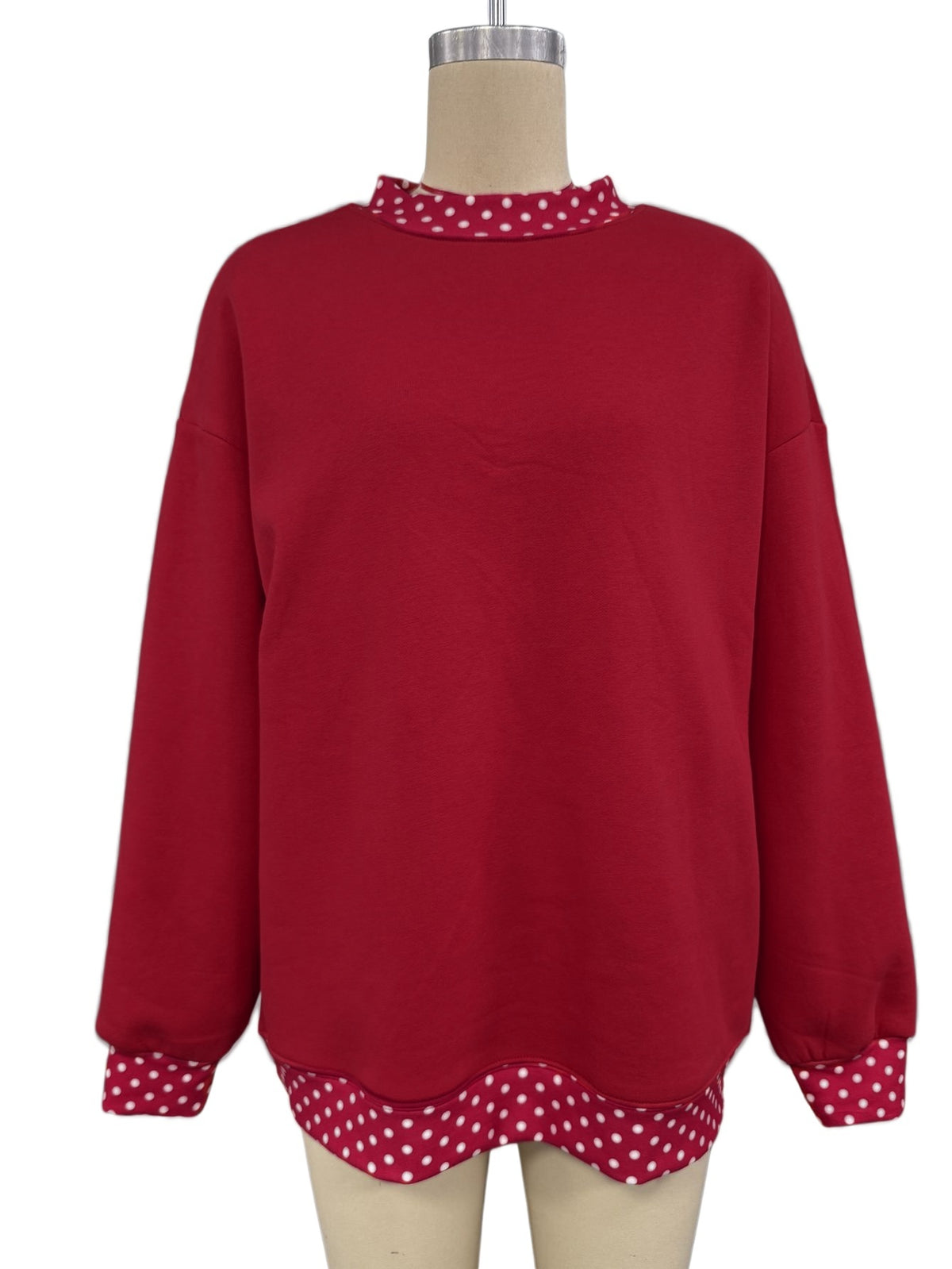Polka Dot Trim Drop Shoulder Oversized Sweatshirt - Red - 8
