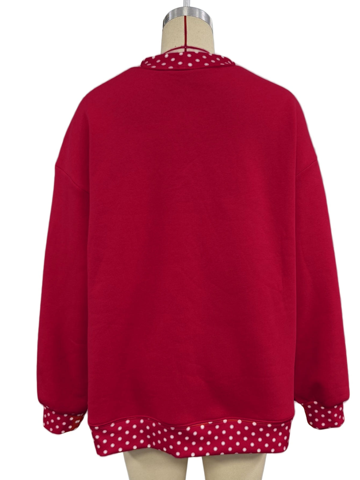 Polka Dot Trim Drop Shoulder Oversized Sweatshirt - Red - 9