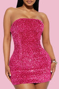 Strapless Textured Sequin Bodycon Mini Dress - Hot_pink