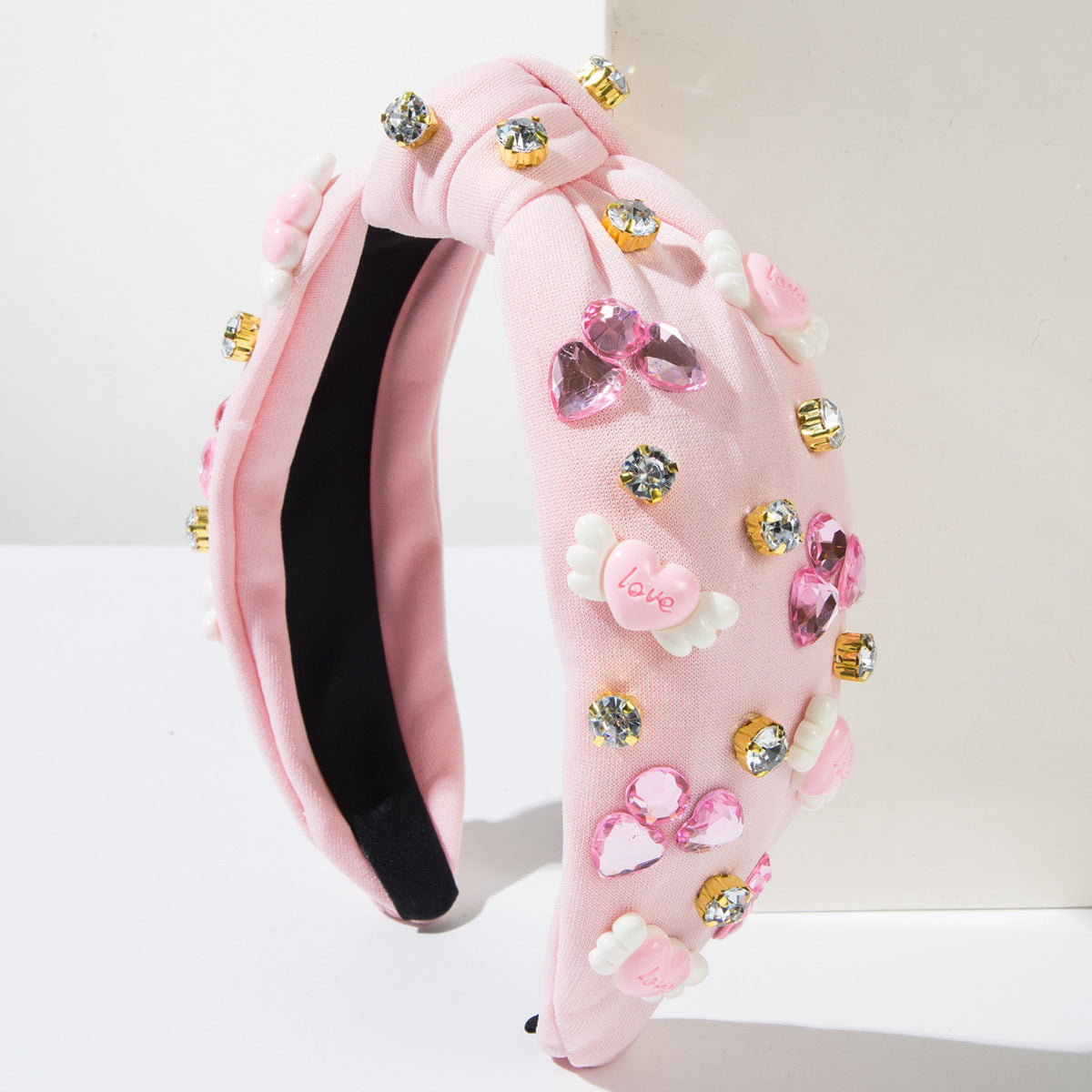 Rhinestone Charm Knotted Wide Headband - Pink