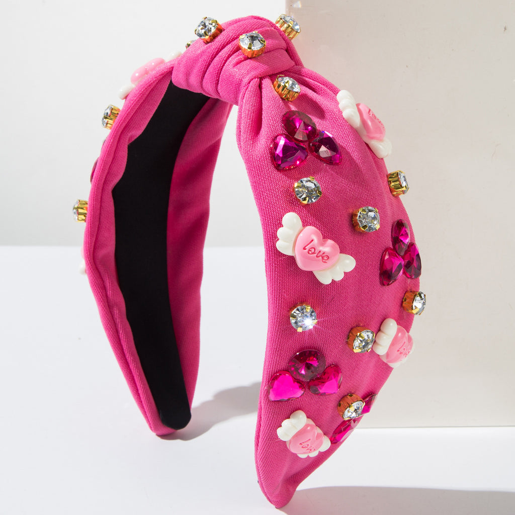 Rhinestone Charm Knotted Wide Headband - Rose-Red