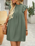 Pintuck Mock Neck Ruffle Sleeve Shift Dress - Green