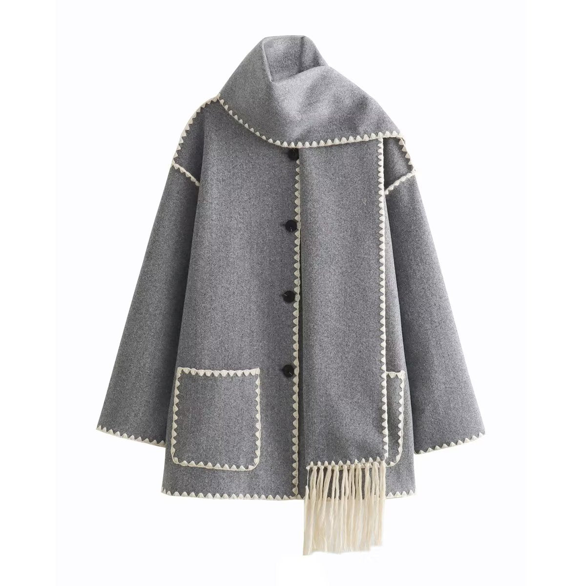 Whipstitch Trim Fringed Scarf Cape Coat - Gray