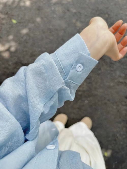 Airy Crinkle Gauze Oversized Button Down Shirt - Blue