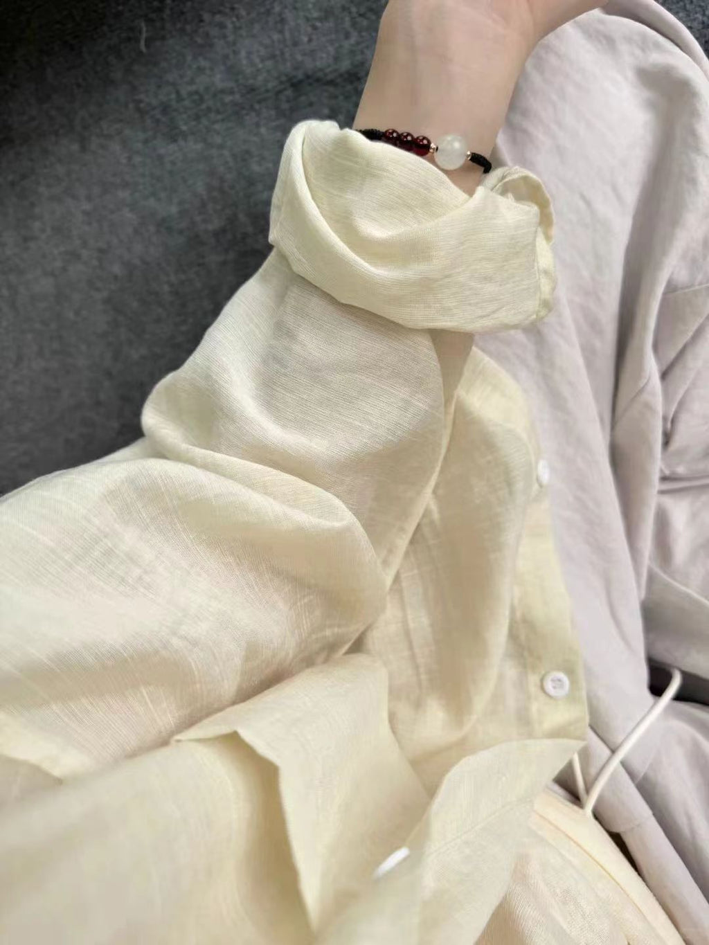 Airy Crinkle Gauze Oversized Button Down Shirt - Cream
