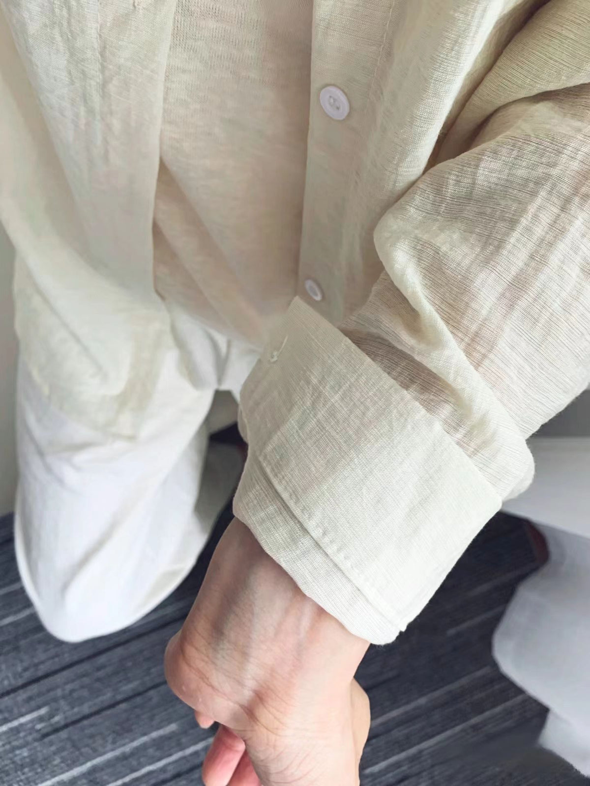 Airy Crinkle Gauze Oversized Button Down Shirt - Cream - 2