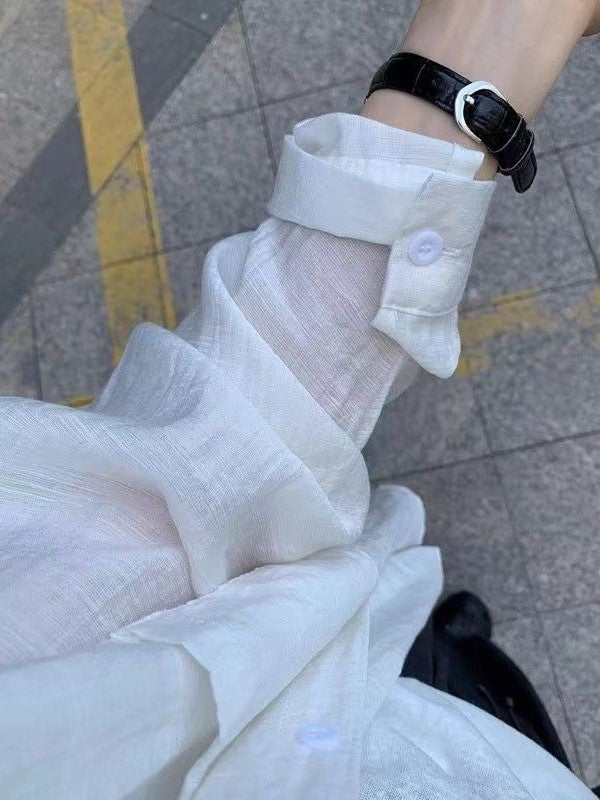 Airy Crinkle Gauze Oversized Button Down Shirt - White - 10