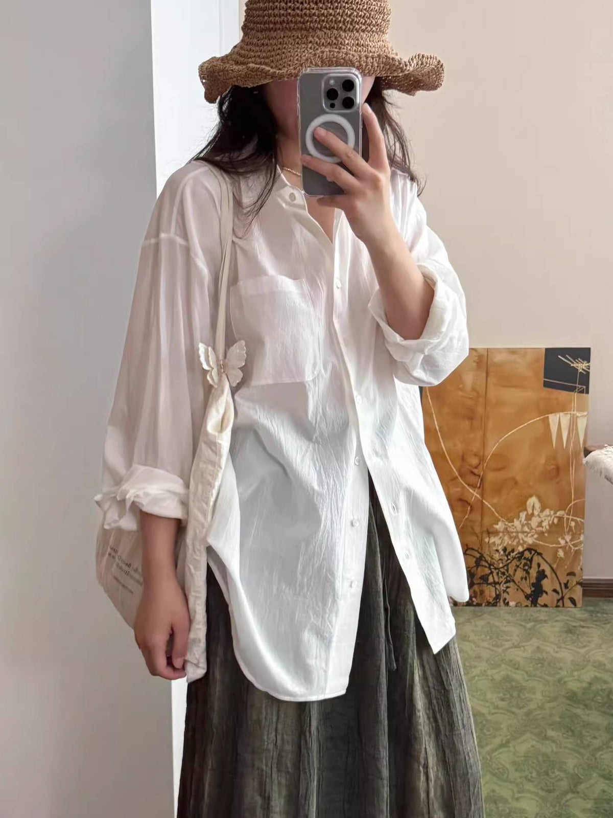 Airy Crinkle Gauze Oversized Button Down Shirt - White - 1