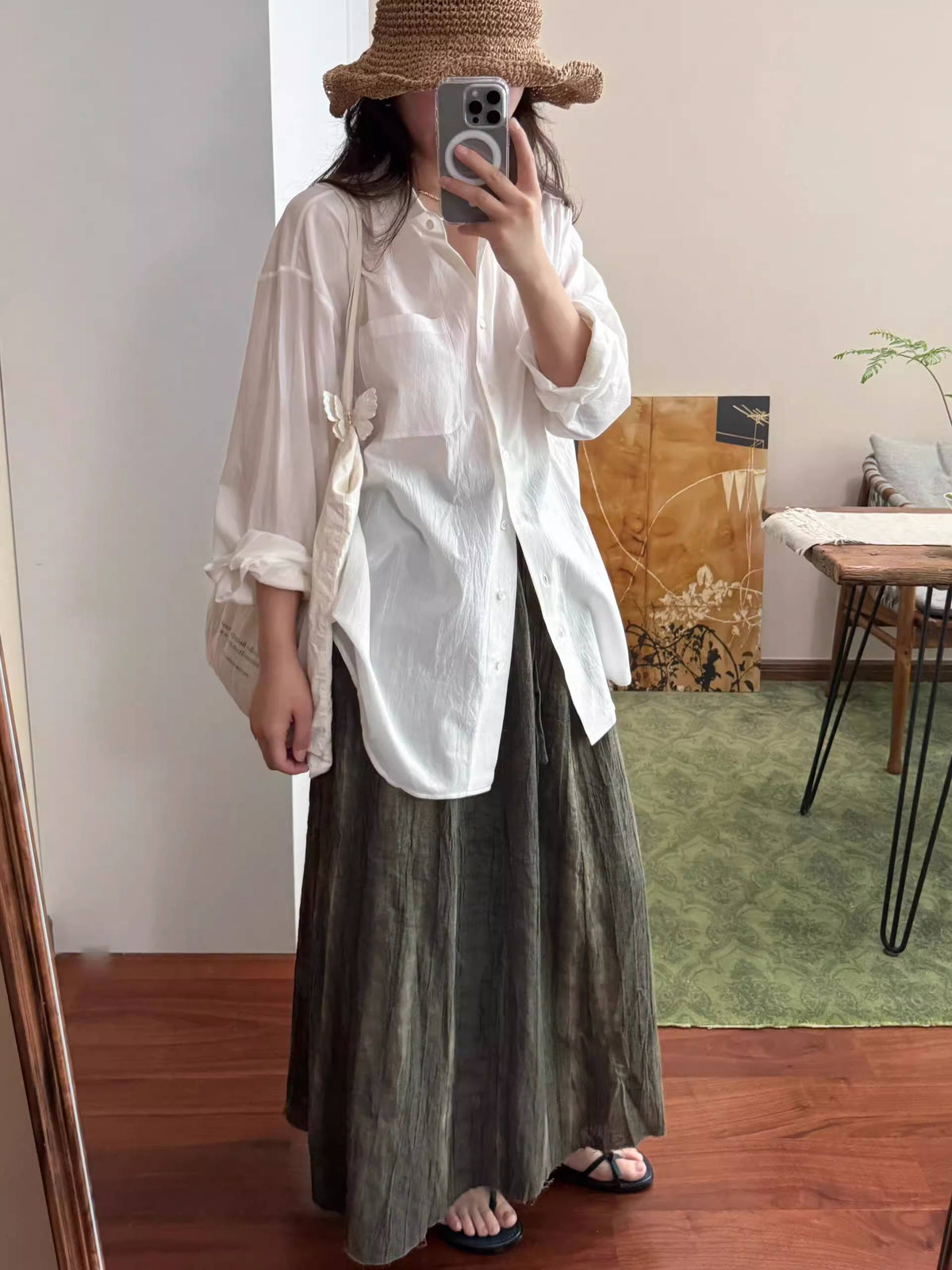 Airy Crinkle Gauze Oversized Button Down Shirt - White - 2