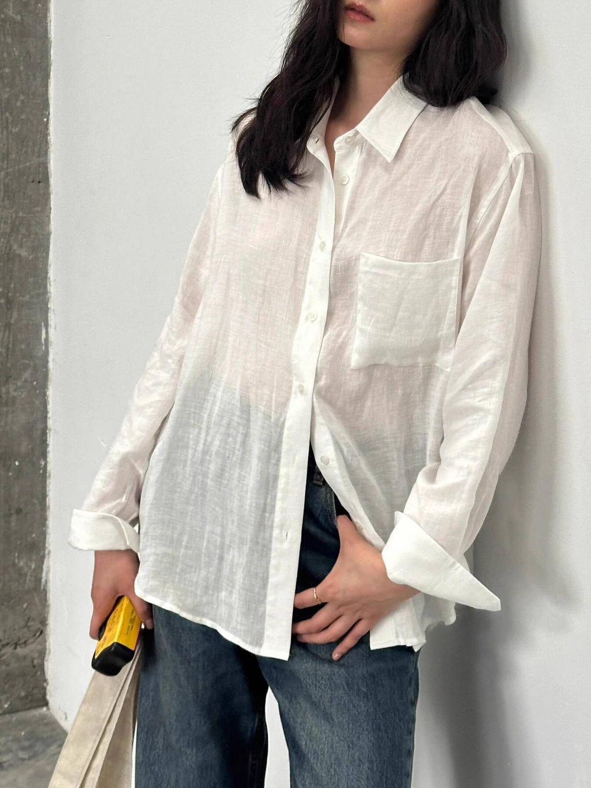 Airy Crinkle Gauze Oversized Button Down Shirt - White - 3