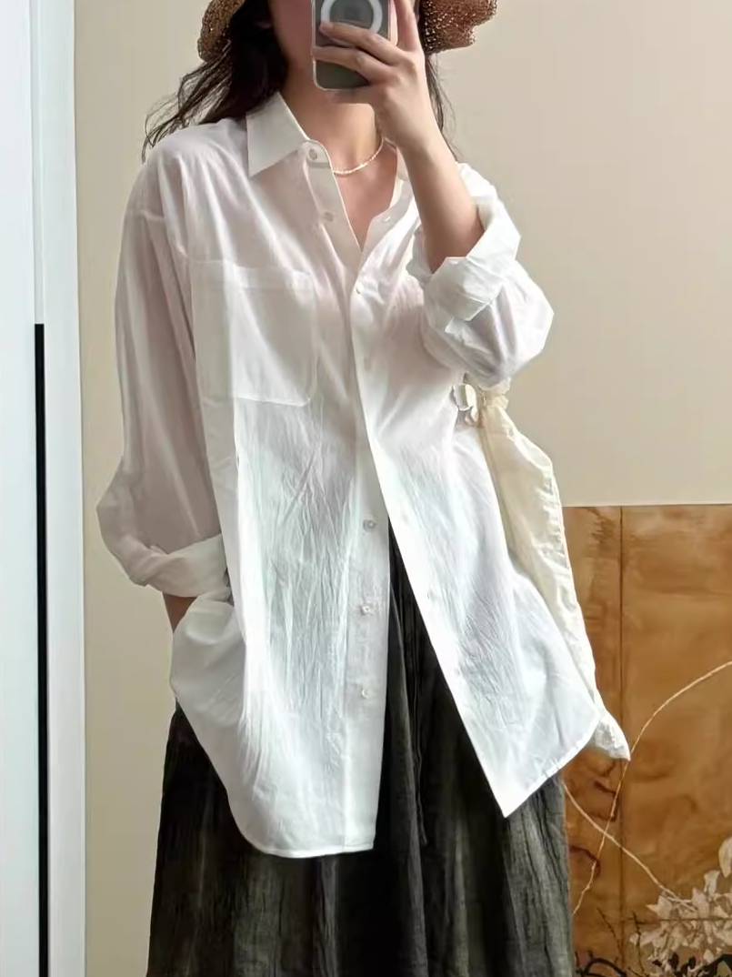 Airy Crinkle Gauze Oversized Button Down Shirt - White - 4