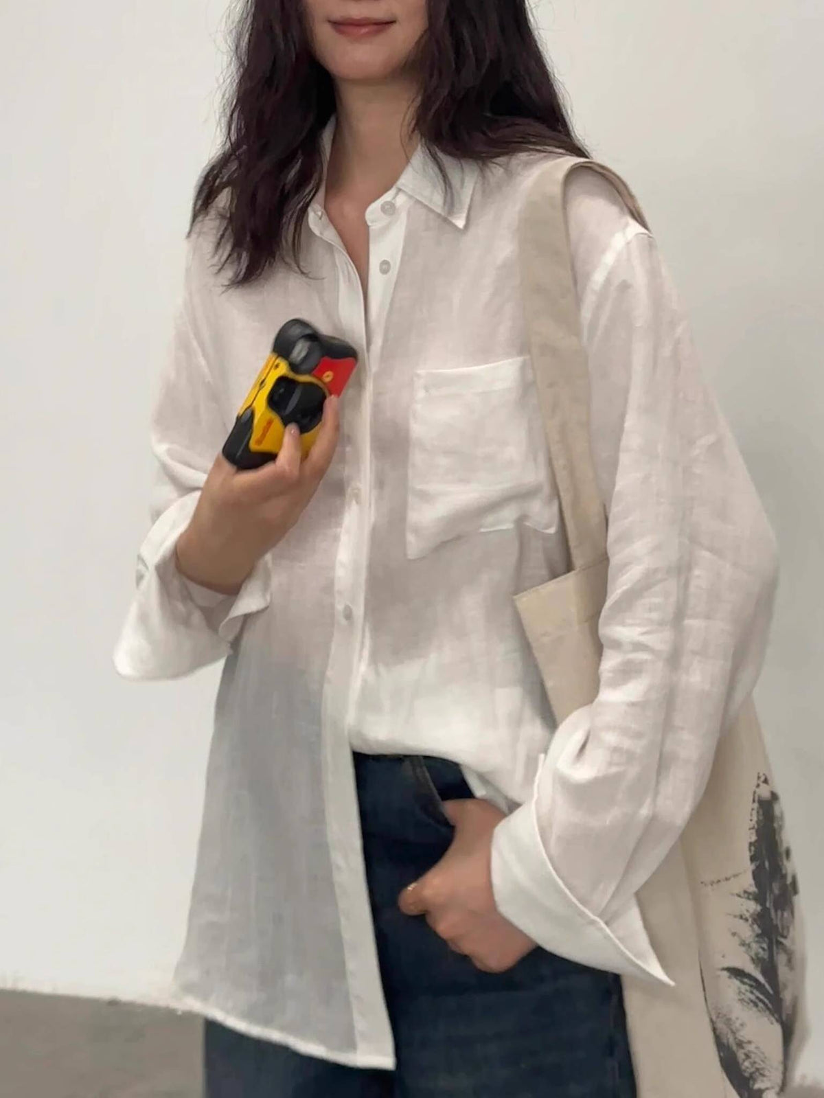 Airy Crinkle Gauze Oversized Button Down Shirt - White - 5