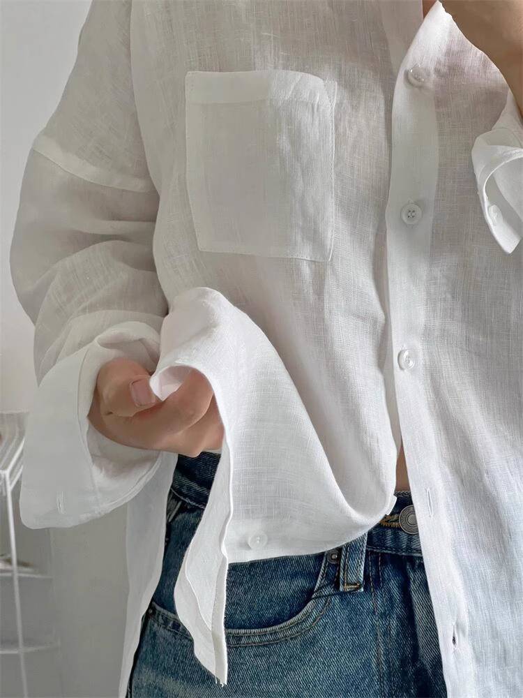 Airy Crinkle Gauze Oversized Button Down Shirt - White - 6