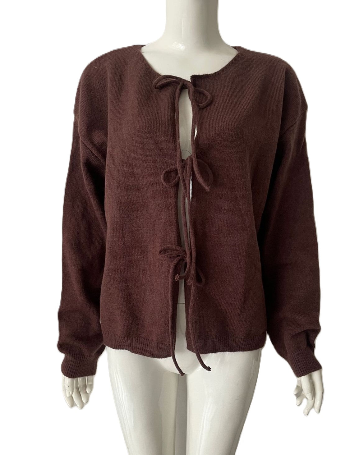 Open Front Cardigan with Ribbon Ties - Coffee