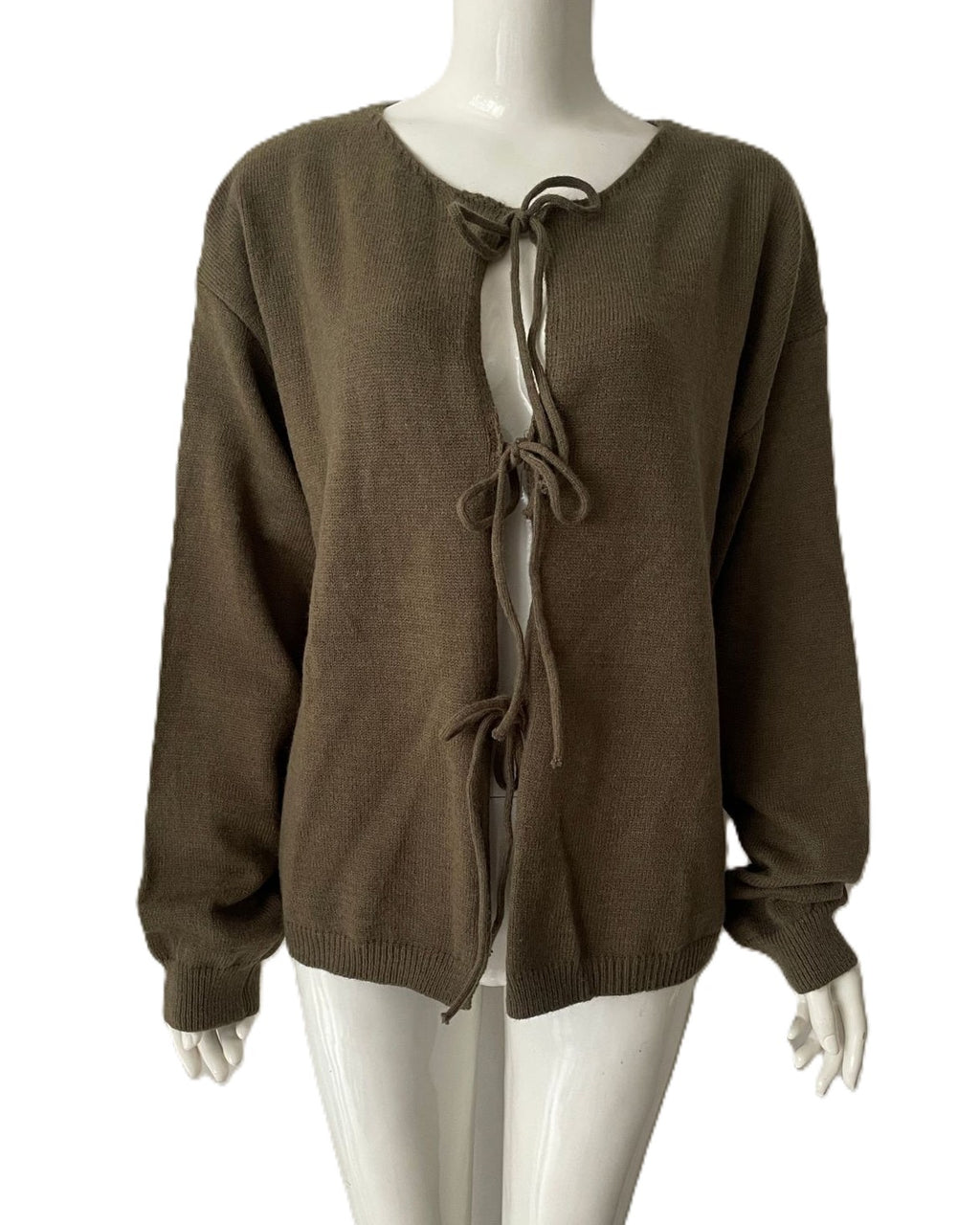 Open Front Cardigan with Ribbon Ties - Green