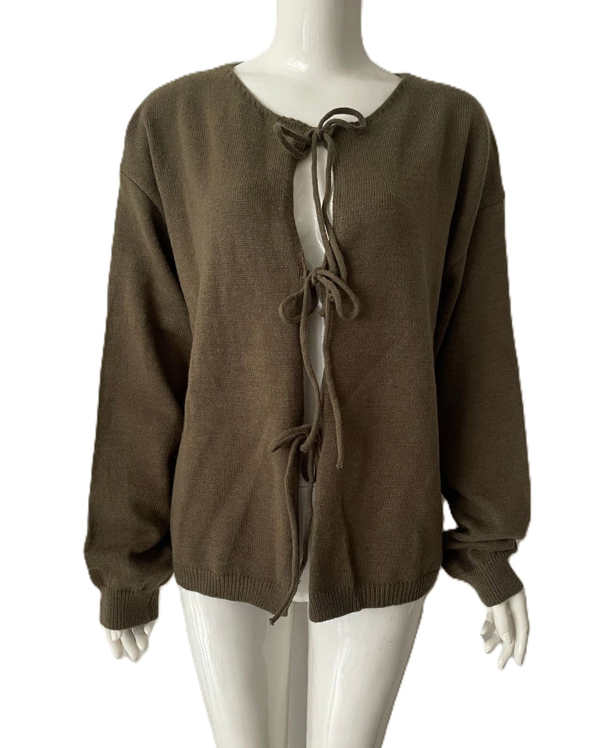 Open Front Cardigan with Ribbon Ties - Green